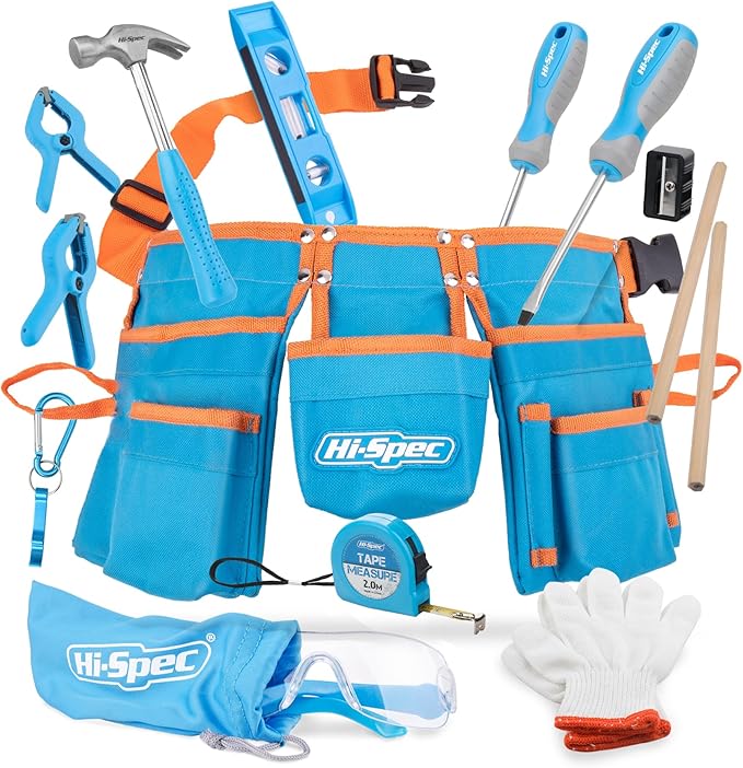 Hi-Spec 16pc Kids Tool Set with Tool Belt – Real Child-Sized Tool Kit for Boys & Girls, DIY Building, Hand Tools, Woodworking, Carpentry, STEM Learning, Construction Play Set – Blue