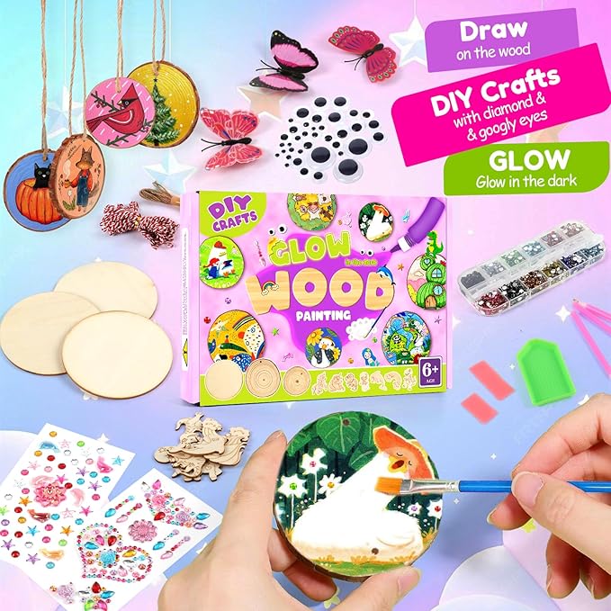 Sulataya Wooden Painting Kit for Kids 6-12, Wood Slices Craft Kit Gift Set with Assorted Gems & Diamond Painting Tools, Creative Art Activity Supplies for Boys Girls