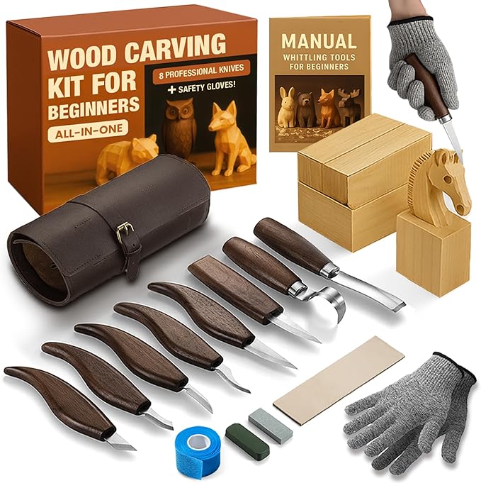 Professional Wood Carving Kit for Beginners - Gift Ready Wood Carving Tools Set | Whittling Kit with 8 Wood Carving Knives, Spoon Carving Tools, Wood Blocks, Gloves, Roll Bag and Sharpening Strop