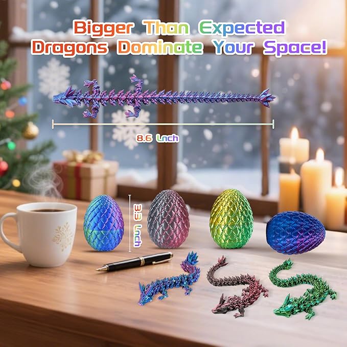 4PCS 3D Printed Dragon Eggs with Dragon, Crystal Dragons Fidget Toy for Adults, 3D Print Dragon Eggs Fantasy Tabletop Decor, Christmas Stockings Easter Gifts