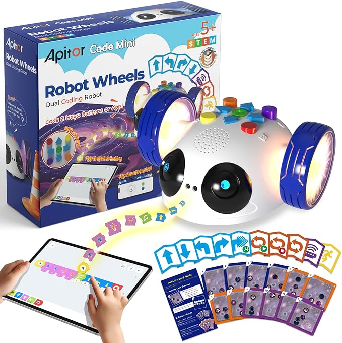 Coding Robot Toys for Kids Ages 5+, STEM Robot Toy Kit with Wheels and Play Cards, Screen Free Remote Control Programming Interactive Toy for Boys and Girls Ages 5-8