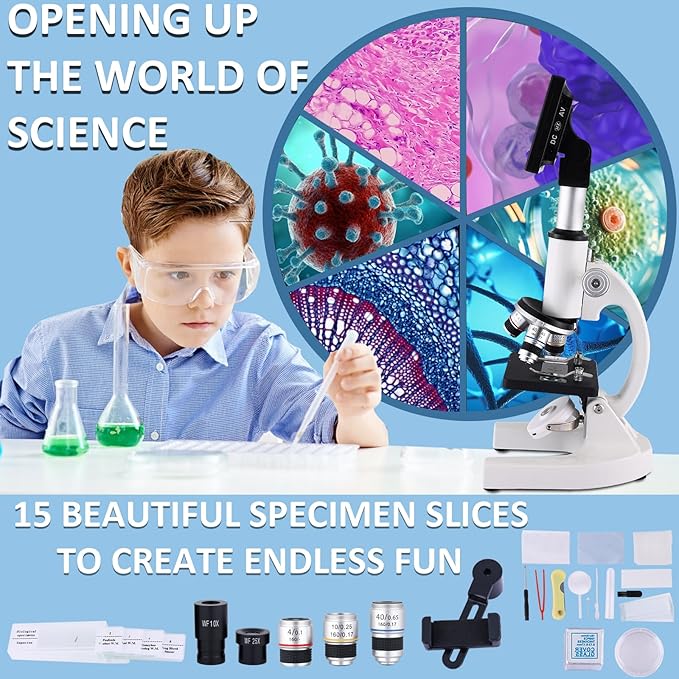 Microscope 40X-2500X Magnification, HD Wide Angle Eyepieces, 4-inch High-Pixel Display with LED Fill Light 3, Cell Phone Observable, for Home School Labs (White)