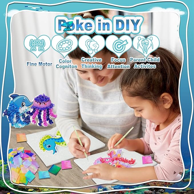 JRD&BS WINL Magical Ocean Animal Poke Art - Dolphin, Jellyfish, Seahorse, Turtle, Octopus, No-Mess Craft Kit for Kids 4-9,Marine Biology Learning Toy, Creative Gift for Preschoolers