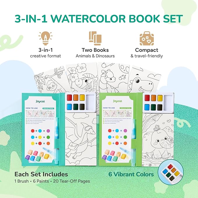 JoyCat 2 Pack Pocket Paint with Water Coloring Books for Kids, Art & Craft Activity Toy Set, Creative Travel & Home Painting Kit, Gifts for Girls & Boys Ages 3-8 (Animals & Dinosaurs)