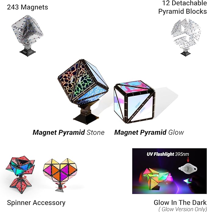 TOSY Magnet Pyramid Glow - 1 Cube Transforms into 1 Billion Shapes, 12 Pieces, 243 Rare Earth Magnets, Glowing, Christmas Stocking Stuffers Gift for Kids, Creative Puzzle STEM/STEAM Toy, 2-Pack