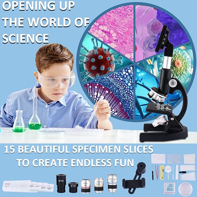 Microscope 40X-2500X Magnification, HD Wide Angle Eyepieces, 4-inch High-Pixel Display with LED Fill Light 3, Cell Phone Observable, for Home School Labs (Black)