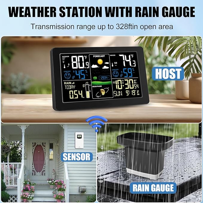 Weather Station with Rain Gauge Outdoor, Home Weather Stations Wireless Indoor Outdoor with Digital Rain Gauges, Thermometer, Barometer, Hygrometer, Atomic Clock, Weather Forecast and Alerts