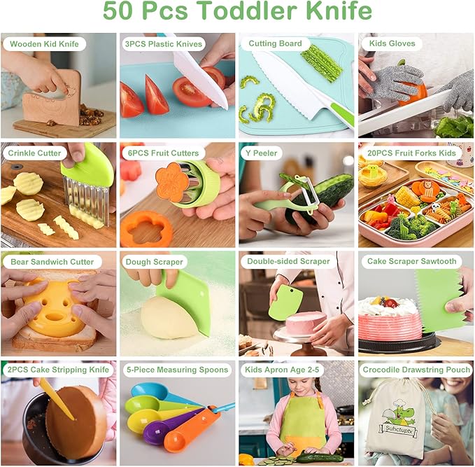 50PCS Kids Kitchen Cooking Set - Crocodile Wooden Kid Safe Knife Cutting Board Apron Gloves Fruit Vegetable Crinkle Cutters Peeler Serrated Edges Plastic Toddlers Knives, Kids Knifes for Real Cooking