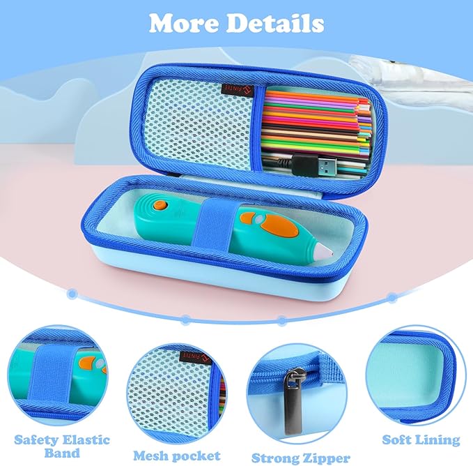 FINTIE Case Compatible with 3Doodler Start+ Essentials (2024/2023) 3D Printing Pen for Kids, Hard Storage Organizer Box with Hand Strap for Printing Filament Refill, USB Charger (Box Only), Blue