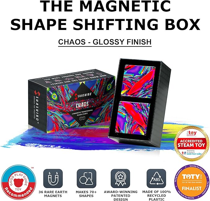 Shashibo Shape Shifting Box - Award-Winning, Patented Fidget Cube w/ 36 Rare Earth Magnets - Transforms Into Over 70 Shapes, Gift Box, Download Fun in Motion Toys Mobile App (Chaos, 2 Pack)