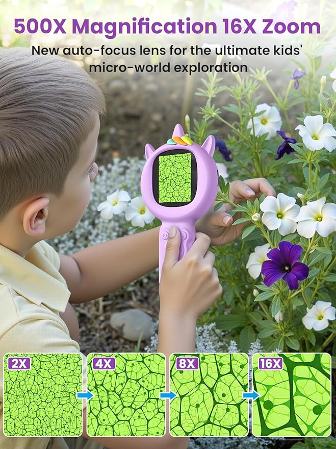 Microscope for Kids, Auto-Focus Handheld Digital Microscopes with 2.0" Screen, 8 LEDs Rechargeable Pocket Mini Microscope Christmas Gifts Educational Science Toys for Ages 5 6 7 8 9 10 11 12