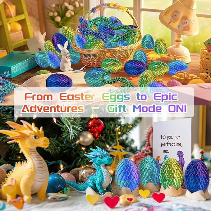 4PCS 3D Printed Dragon Eggs with Dragon, Crystal Dragons Fidget Toy for Adults, 3D Print Dragon Eggs Fantasy Tabletop Decor, Christmas Stockings Easter Gifts