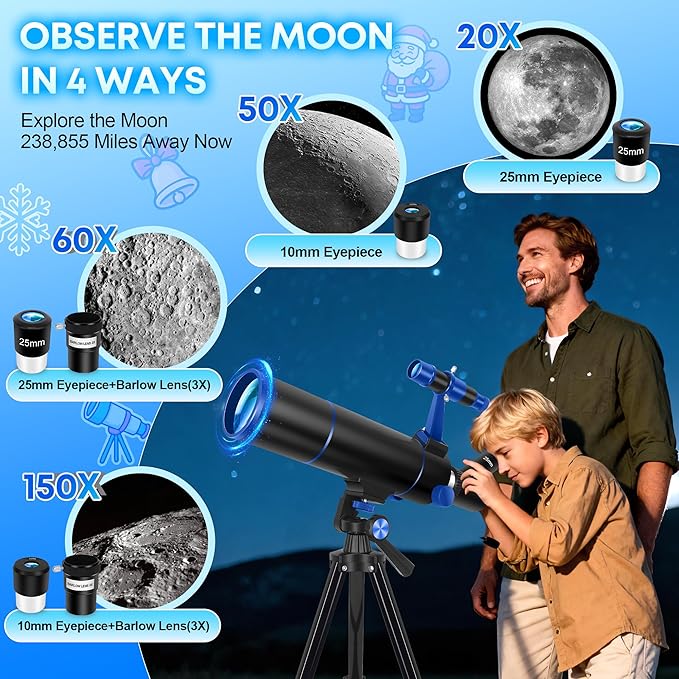 Hawkko Telescope for Adults & Beginners, 80mm Aperture 500mm Telescopes for Adults Astronomy, (20X-150X) Portable Refractor Telescope Kit with Decorate Stickers, Backpack, Phone Adapter - BlackBlue