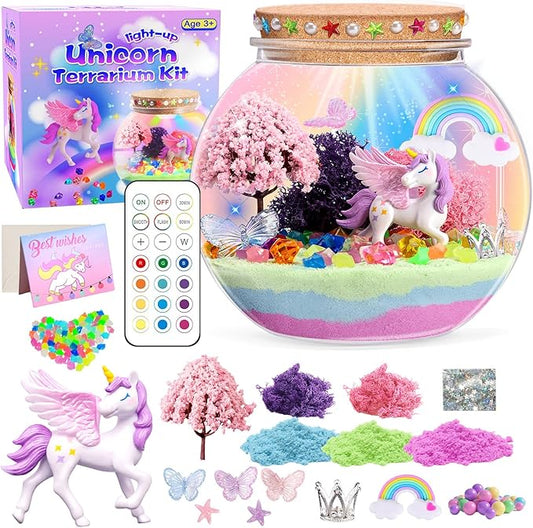 Unicorn Light-Up Terrarium Kit for Kids - Multicolor LED Night Light Birthday Gifts - Unicorn Toys for Girls Ages 4-6 7 8 9 10 Year Old - Kids Arts and Crafts Kit