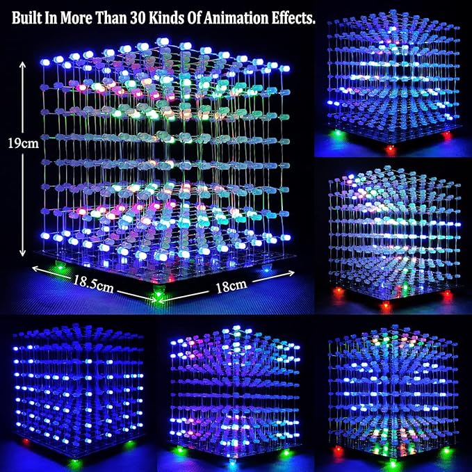 8x8x8 LED Cube Kit DIY Electronic Kit Soldering Project Kit, User Needs to Solder The LED, and The Displayed Content Can Be Modified [3D8C-MULTI]