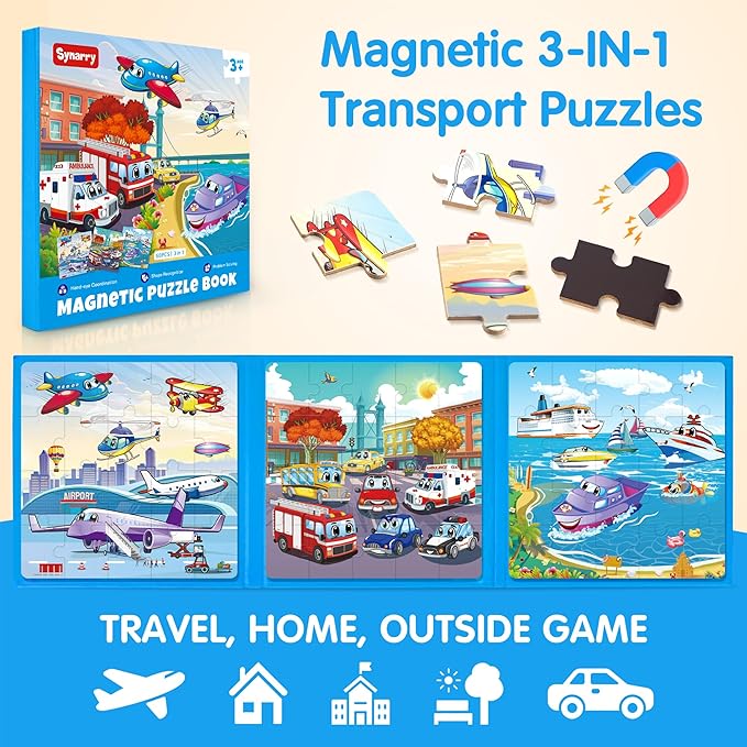 SYNARRY Air Land Water Transport Magnetic Puzzles for Toddlers 3-5, 20 Pieces Travel Puzzles for Kids Ages 4-6, Car Airplane Road Trip Activities Toys for 3 4 5 6 Year Old Boys Girls Birthday Gifts