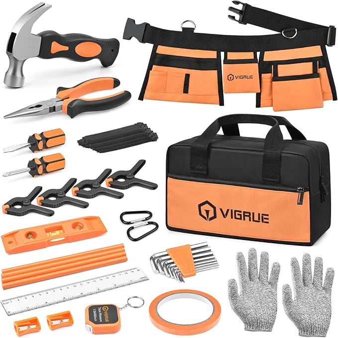 VIGRUE 𝐊𝐢𝐝𝐬 𝐓𝐨𝐨𝐥 𝐒𝐞𝐭, Children Gift Present Real Hand Tools Kit with Belt and Bag, Boy Builder Small Learning Accessories Construction Hammer Screwdriver for Home DIY Woodworking
