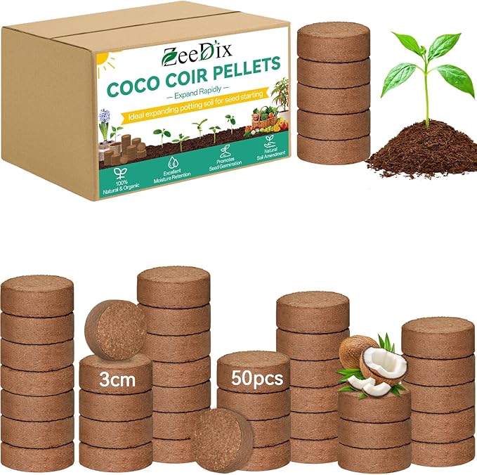 ZeeDix 50Pcs Organic Coco Coir Pellets for Seed Starter, Compressed Coconut Coir Potting Soil for Planting, Garden Soil for Indoor Outdoor Plants Bonsai Herbs Flowers Vegetables (30mm)