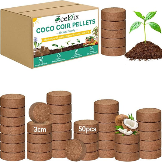 ZeeDix 50Pcs Organic Coco Coir Pellets for Seed Starter, Compressed Coconut Coir Potting Soil for Planting, Garden Soil for Indoor Outdoor Plants Bonsai Herbs Flowers Vegetables (30mm)