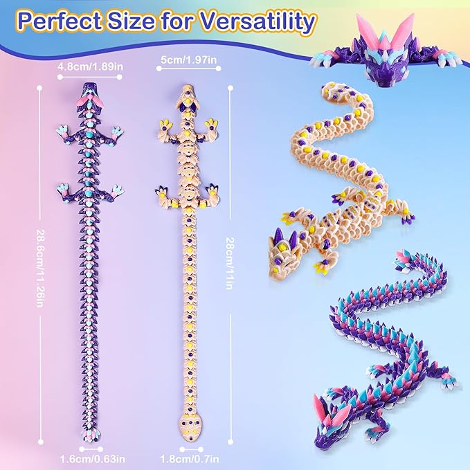 3D Printed Dragon Easter Cookie Dragon and Multicolor Crystal Dragon, Articulated Fidget Toys for Autism and ADHD, Perfect Basket Essentials Stuffers and Desk Accessories