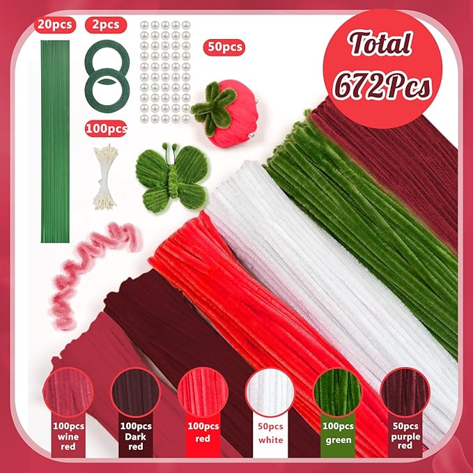 500 Pcs Pipe Cleaners Craft for Flowers, Pastel Chenille Stems for DIY Art Projects Creative Gift(6 Colors), Pipe Cleaner Flower Kit with Floral Stems, Gardening Tape,Stamen& Pearls (Rose Flower)