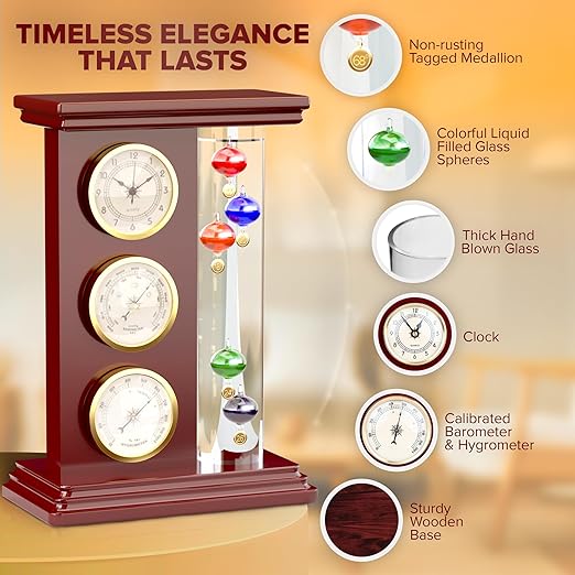 JJ Care Galileo Thermometer with Quartz Clock (Gold), Analog Barometer & Hygrometer, Galileo Weather Station Measures Temperature, Glass Wood Frame Galileo Thermometer for Indoor & Outdoor Home Décor