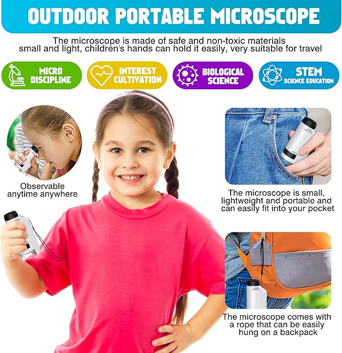 Portable Microscope for Kids 60x-180x,Handheld Mini Microscope STEM & Science Toys,LED Pocket Little Scientist Microscopes with 12pcs Slides,Gifts for 6,7,8,9,10+ Girls Boys(Deep Blue&White)