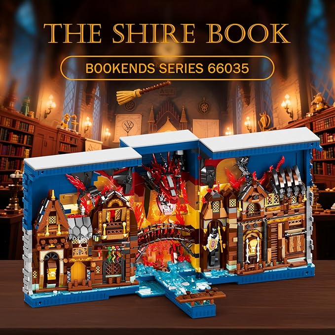 Reobrix Shire Booknook Building Set with Light, H.obbit-Themed DIY Bookend Building Block Kit for Adults, Medieval Dragon Book Nook 3398PCS, Bookshelf Home Decor for Kids Boys Girls Age 14+