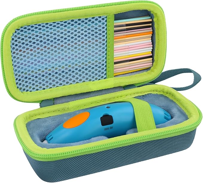 co2CREA Hard Case for 3Doodler Start+ Essentials (2024) 3D Pen Set - Storage Organizer with Custom Slots for Art Activity Set, Printing Filament Refill and USB Charger, Light Blue Case + Green Zipper