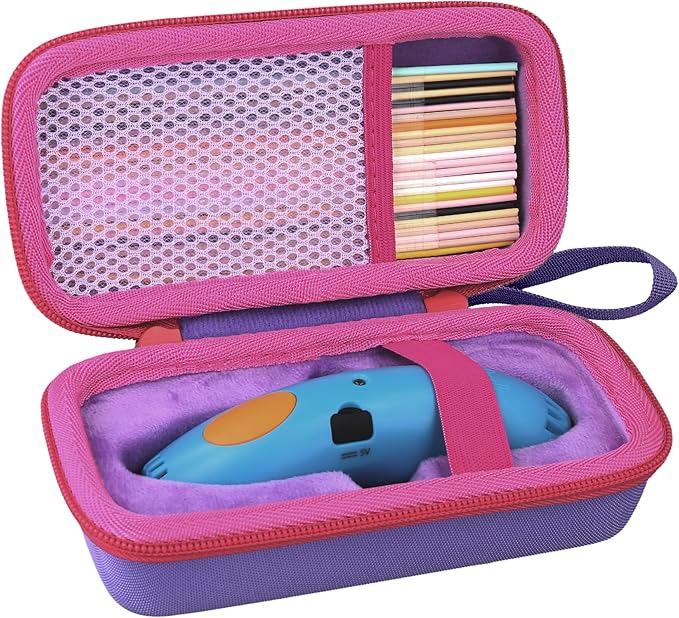 co2CREA Hard Case for 3Doodler Start+ Essentials (2024) 3D Pen Set - Storage Organizer with Custom Slots for Art Activity Set, Printing Filament Refill and USB Charger, Purple Case + Rose Red Zipper