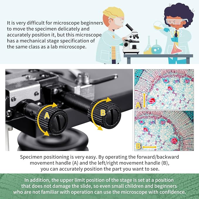 MAXLAPTER Microscope Kit for Kids 8-12 with Prepared Slides, 100-1000X Professional Compound Microscope for Kids Students with Mechanical Stage, Optical Glass Lenses, 10 Slides, Filter, Phone Adapter