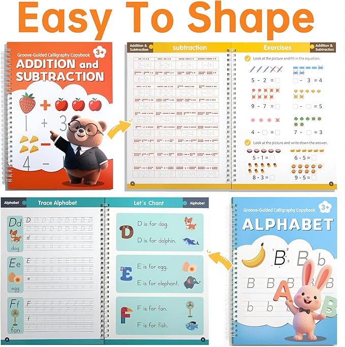 KAK Magic Grooved Writing Practice, grooved Handwriting Practice for Kids 6 Books Ages 3-8, Includes Pen Grips & 10 Refills,Preschool Learning