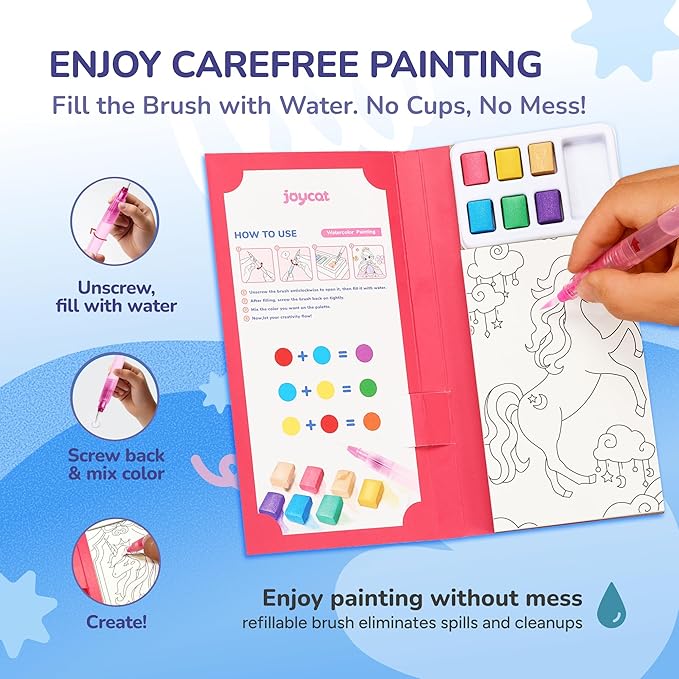 JoyCat 2 Pack Pocket Paint with Water Coloring Books for Kids, Art & Craft Activity Toy Set, Creative Travel & Home Painting Kit, Gifts for Girls & Boys Ages 3-8 (Magical Pony & Ocean Princess)