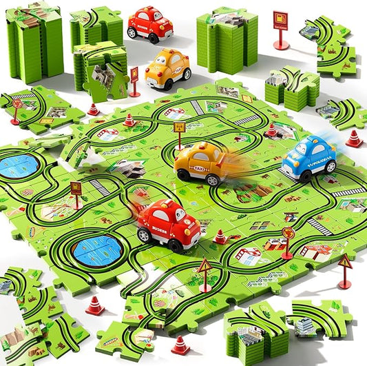 64 PCS Puzzle Track Car Set Toys for Kids Boys, Toddler Toys Gifts for 3 4 5 Year Old, Floor Puzzle Tracks Car for Boys Ages 3-5 4-6, for 3 4 5 6 Year Old