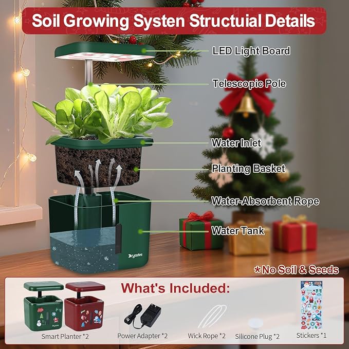 Christmas 2-Pack Indoor Planting System Smart Soil Growing Kit with 17-W LED Grow Light Automatic Timed Watering Planters Gift for Friends/Women (No Seeds&Soil)