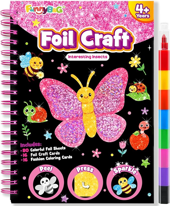 FUNNYB&G Foil Art Craft for Kids - Christmas Crafts Gift Party Favors Stocking Stuffers for Kids Fun Art Supplies Creative Birthday Gift Travel Toys for Girls Boys 4 5 6 7 8 9 Years Old(Insects)