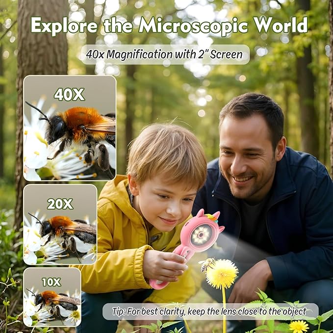 Kids Microscope- 500x Magnification,16X Zoom,Handheld Microscope for Kids with HD Cam,Portable Science Learning Tool,Christmas Birthday Gifts for Boys Girls Aged 3-12 (Pink)