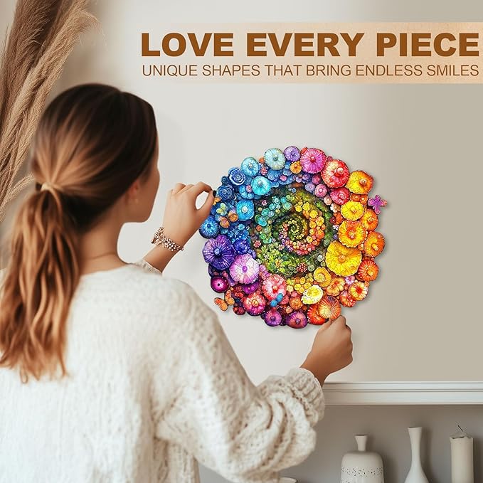 Wooden Puzzle for Adults-Wooden Puzzle Unique Shape Advanced Rainbow Vortex Mushrooms Wooden Jigsaw Puzzle for Adult, Wood Puzzles,Challenge Wooden Jigsaw Puzzle(M-11.4 * 11.1in 190pcs)