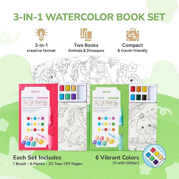 JoyCat 2 Pack Pocket Paint with Water Coloring Books for Kids, Art & Craft Activity Toy Set, Creative Travel & Home Painting Kit, Gifts for Girls & Boys Ages 3-8 (Magical Pony & Animals)
