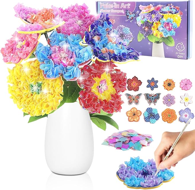 STAOVA 12 Pack Poke in Art Flower Bouquet Craft Kit with EVA Foam Flowers & Butterflies - DIY Creative Activity for Ages 4-12 & Up, Mess-Free Fun, Birthday/Mother's Day Gifts for Girls & Boys