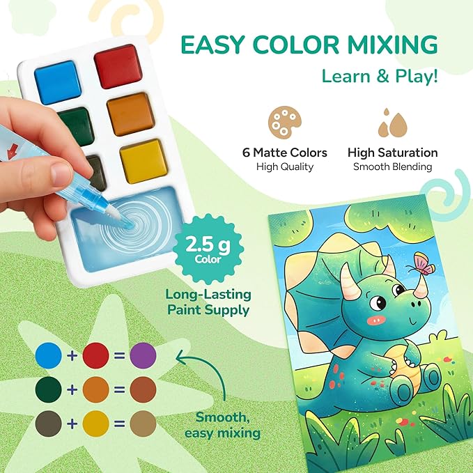 JoyCat 2 Pack Pocket Paint with Water Coloring Books for Kids, Art & Craft Activity Toy Set, Creative Travel & Home Painting Kit, Gifts for Girls & Boys Ages 3-8 (Animals & Dinosaurs)