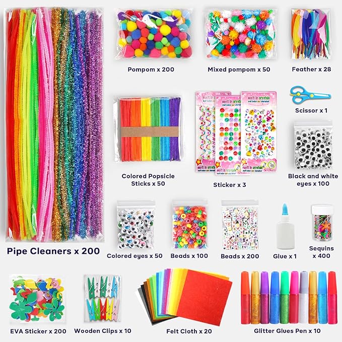 FUNZBO Arts and Crafts Supplies for Kids -Christmas Kids Craft Kit with Pipe Cleaners, Popsicle Sticks, Pompoms & Stickers, All in One Homeschool Supplies, Toys Crafts for Girls Boys Age 4+