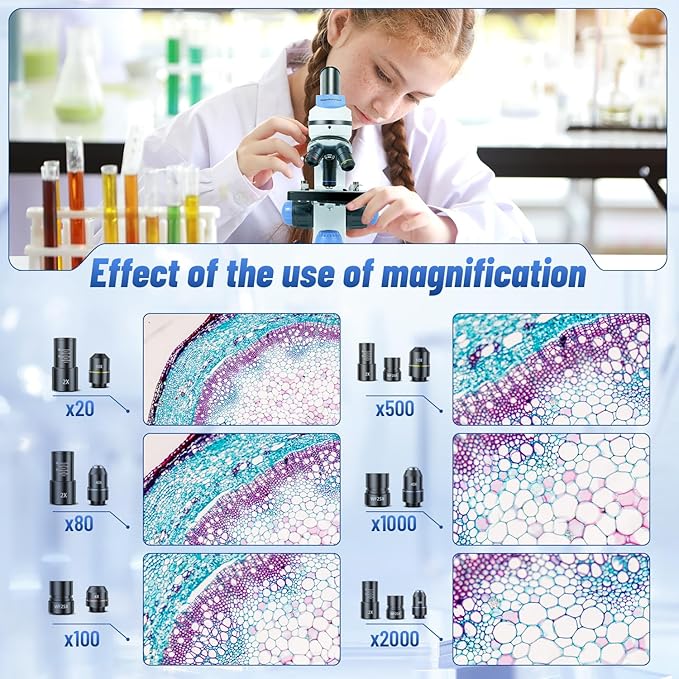 Microscope for Kids stedunts, 40X-2000X Magnification, 3 eyepieces LED Light with Microscope Slides, Phone Adapter,Kit for Home School