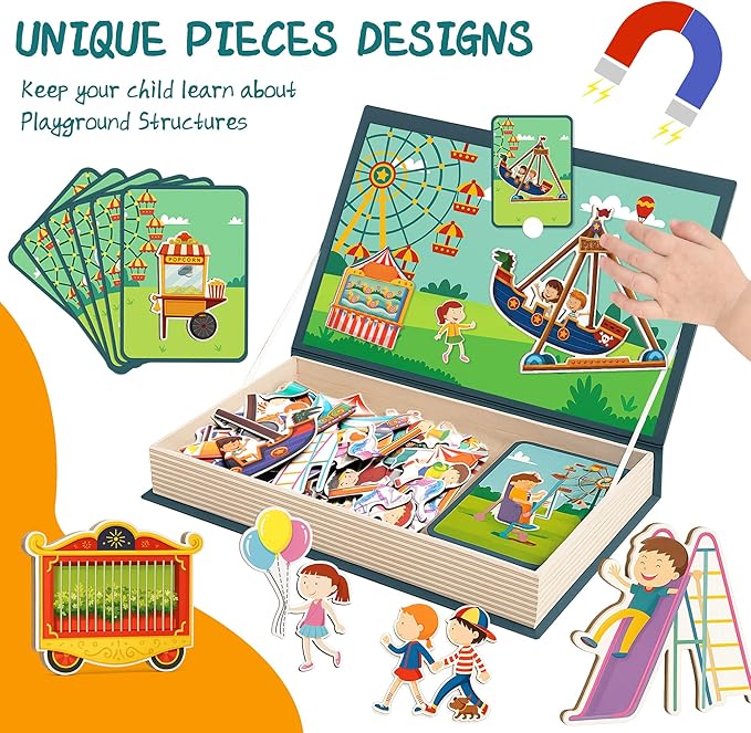 Magnet Toys Amusement Park Magnetic Jigsaw Puzzle for Toddlers, Montessori Quiet Travel Busy Book with 42 Magnets & 16 Activity Cards - Educational Carnival Airplane Toy Ages 3+