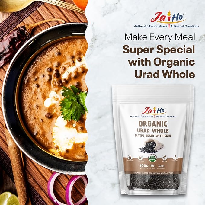 Jai Ho Certified Organic Urad Daal 4 lb | Matpe Beans with Skin | Indian Urad Whole | USDA Organic | Non-GMO | Chemical-Free | (4 Pound, Urad Whole (Matpe Beans with Skin))
