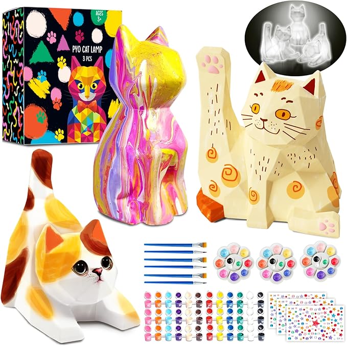 FUNZBO 3pcs Paint Your Own Cat Lamp Kit - Arts and Crafts Supplies Kitten Painting Kits for Kid Teen, DIY Night Light Toy for Toddlers Girl Boy Age 3 4 5 6 7 8 9 10 11 12 13 Christmas Birthday Gifts