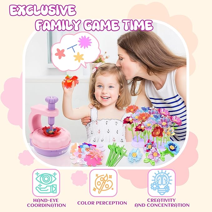 PERRYHOME Fabric Flower Bouquets Toys, 300+ Pcs DIY Flower Making Kit, 2 Gameplays Educational Arts & Crafts for Kids, Reusable Bouquets Maker Birthday Gift for 3 4 5 6 7 8 Years Toddler Girl