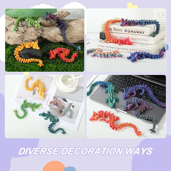 3pcs 12in 3D Printed Crystal Dragon,3D Printed Flexible Articulated Dragon,Home Office Decor Executive Desk Toys, Fidget Toys for Autism/ADHD