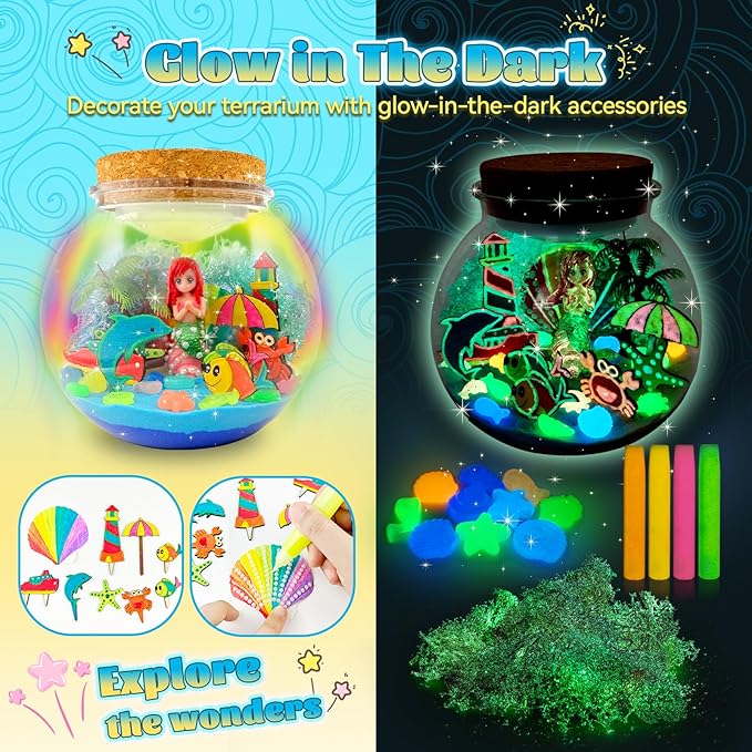 Mermaid Terrarium Kit for Kids - Arts & Crafts Activities Sets With Glow in The Dark Painting - DIY Mermaid Toys Birthday Gifts for Girls Age 5, 6, 7, 8, 9, 10, 11 & 12 Year Old(Mermaid Terrarium)
