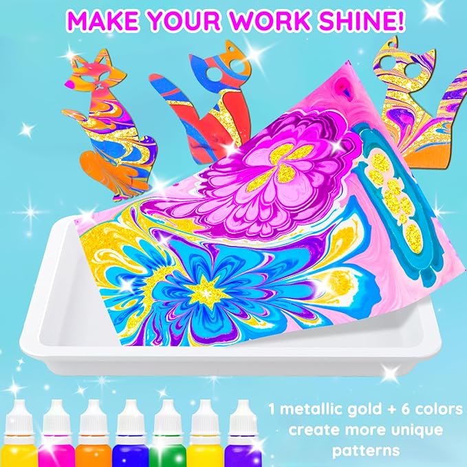 MOMUSE Marbling Paint Art Kit for Kids with Dual Trays, Passed Toxicology, Metallic Gold Water Marble Painting Kit, Creative Arts Crafts Kits for Kids Girls & Boys Ages 6 7 8 9 10, Birthday Gifts
